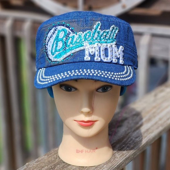 Ladies Denim Baseball Mom BLING Hat NEW - Picture 1 of 4